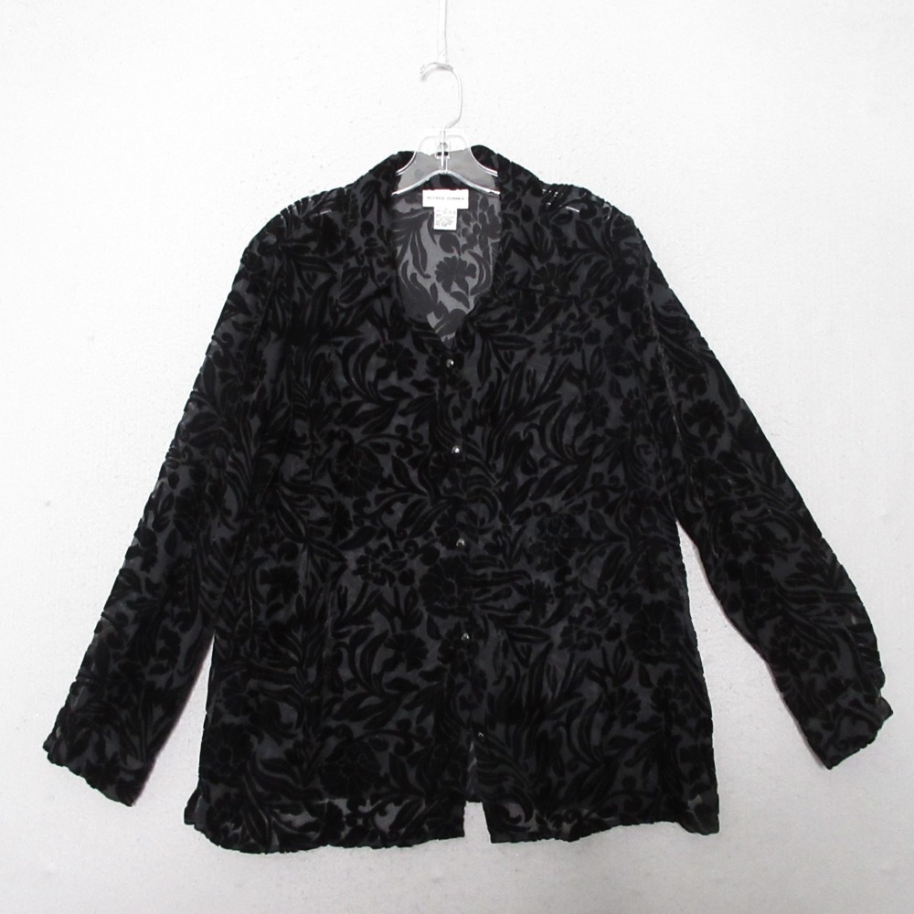 Alfred Dunner Top 12 Black Floral Velvet Burnout Whimsigoth Whitchy Sheer Button